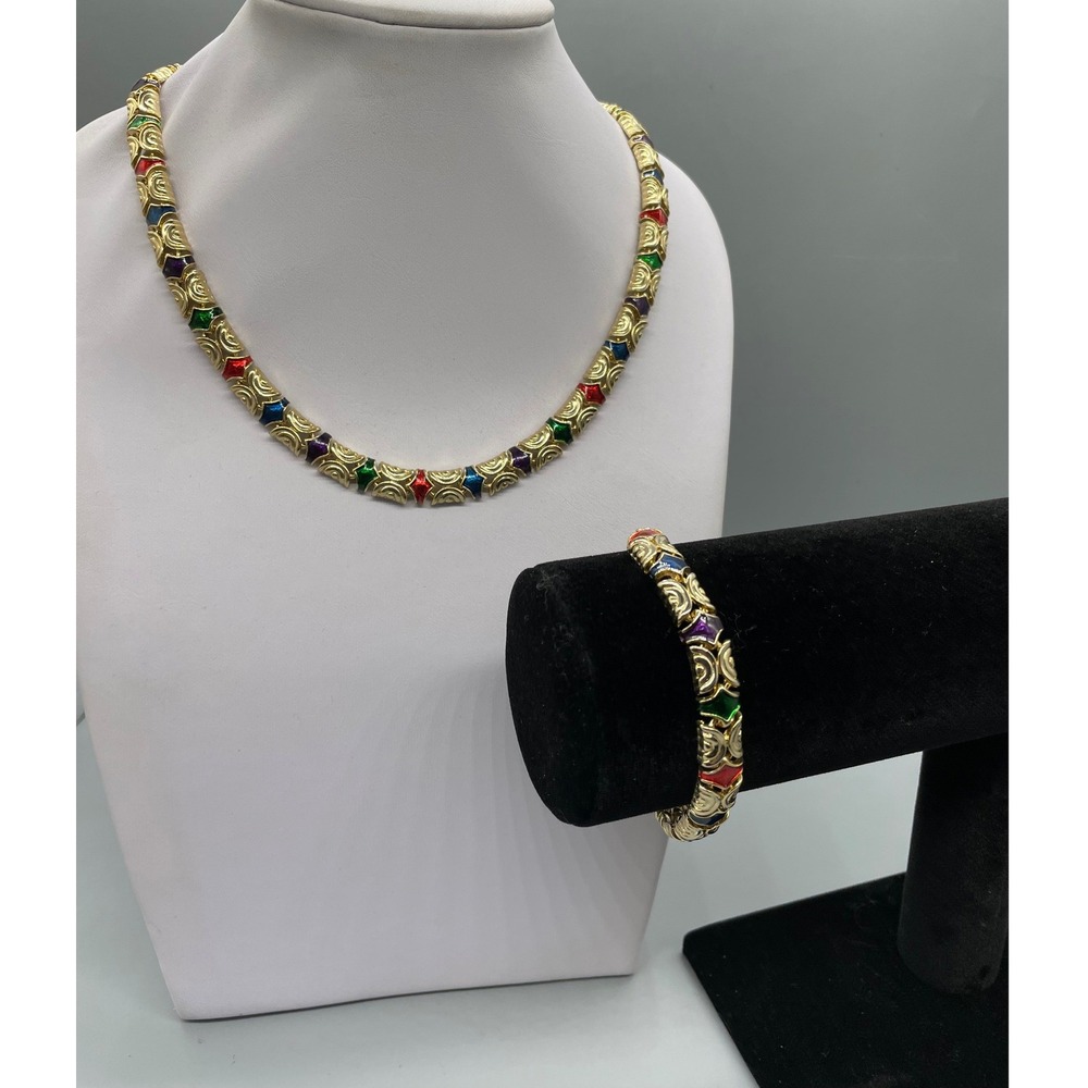 Vintage Gold Tone Multi Color Enamel Link Necklace and Bracelet Set Jewel Tone